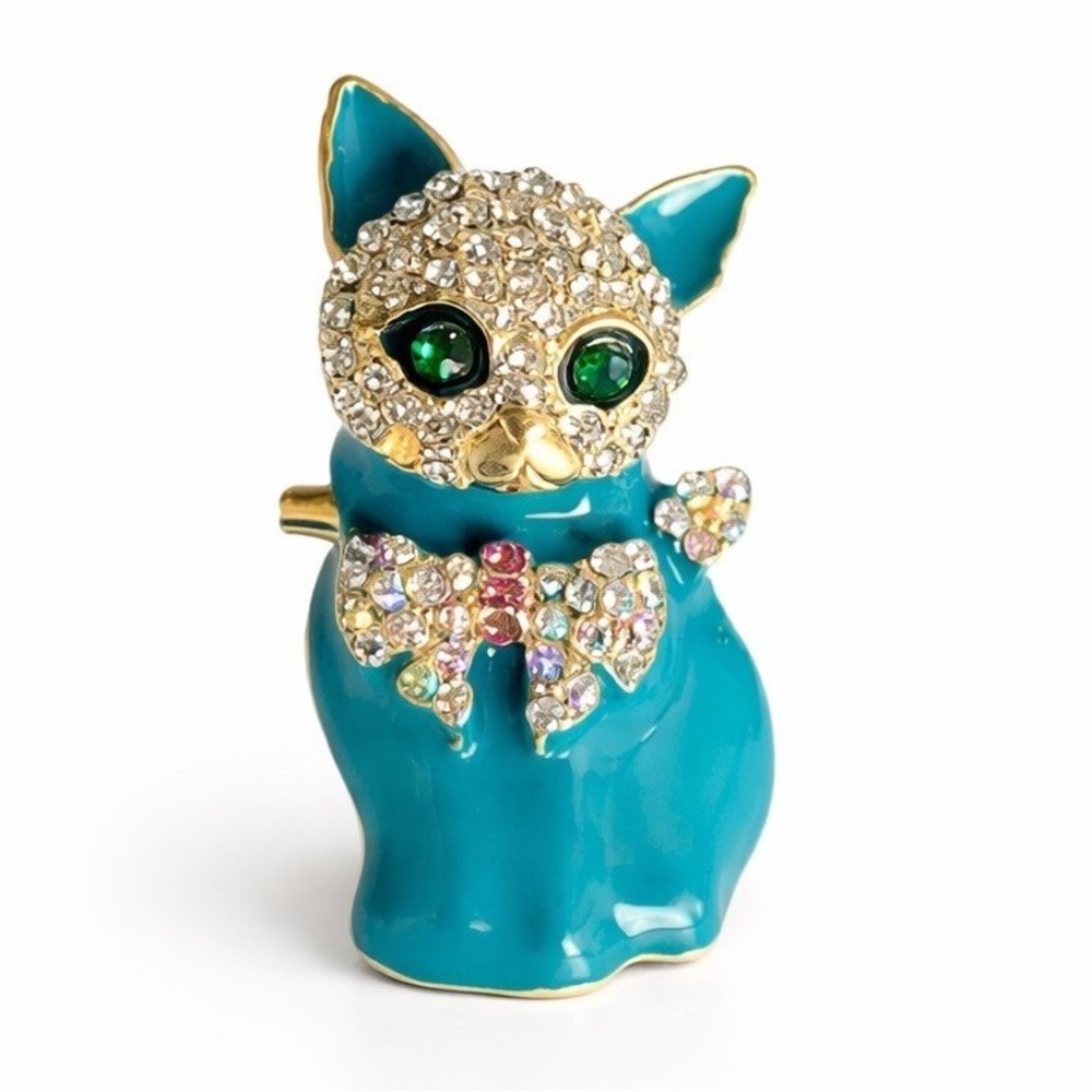 Rhinestone Cat Metal Brooch Turquoise Enamel Gold Tone Green Eyes Pin 1.5"
